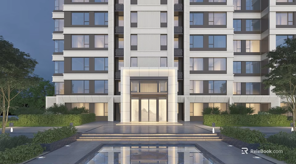 Modern High Rise Building Main Entrance Design With Reflecting Pool And Landscaped Greenery 3d model 