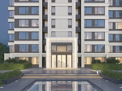 Modern High Rise Building Main Entrance Design With Reflecting Pool And Landscaped Greenery 3d model