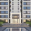 Modern High Rise Building Main Entrance Design With Reflecting Pool And Landscaped Greenery