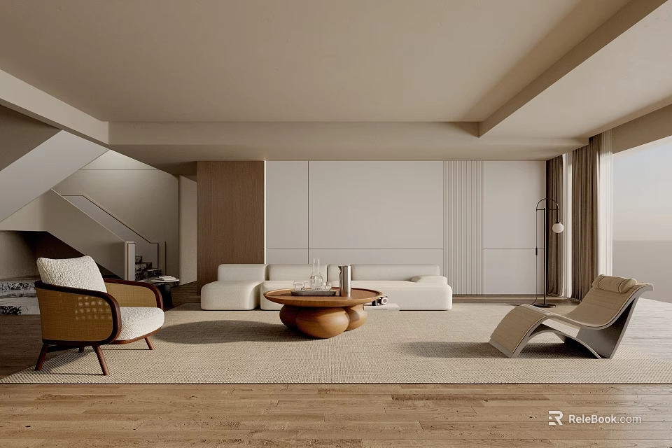 Modern Living Room Interior With White Sofa Wooden Coffee Table And Accent Chairs 3d model 