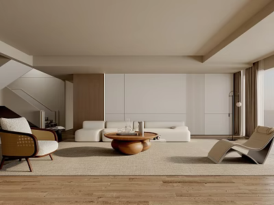 Modern Living Room Interior With White Sofa Wooden Coffee Table And Accent Chairs 3d model