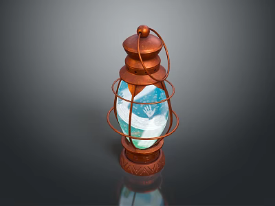 Vintage Copper Lantern Light Fixture With Blue And White Glass Shade And Ornate Base 3d model