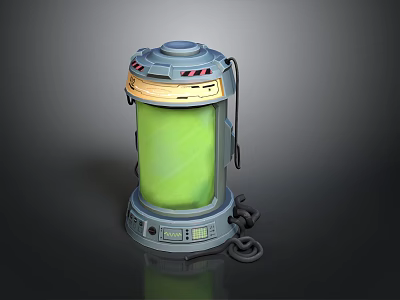 Cylindrical Sci Fi Container With Green Liquid Blue Top Yellow Accents And Cables 3d model