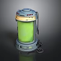 Cylindrical Sci Fi Container With Green Liquid Blue Top Yellow Accents And Cables