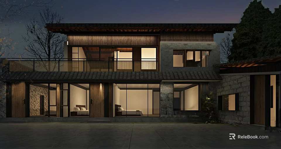 Two Story Guesthouse Building With Wooden Stone Exterior Large Windows And Warm Night Lighting 3d model 