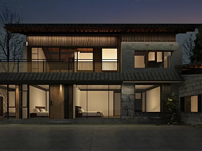 Two Story Guesthouse Building With Wooden Stone Exterior Large Windows And Warm Night Lighting 3d model