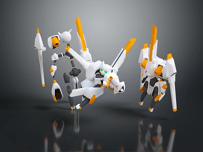 White Orange Mechanical Robot Models With Spear Weapons In Flying Pose 3D Render 3d model