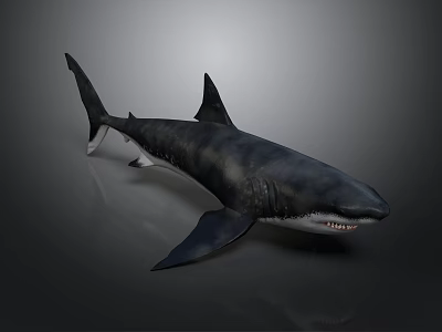 Detailed Shark With Open Mouth Sharp Teeth And Dorsal Fin On Dark Surface 3d model