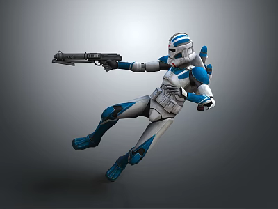 Sci Fi Game Movie Character In Blue White Armor Holding Blaster In Dynamic Action Pose 3d model
