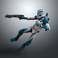 Sci Fi Game Movie Character In Blue White Armor Holding Blaster In Dynamic Action Pose