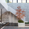 Modern Garden Landscape Design With White Steps Red Leaf Tree Trimmed Shrubs And Stone Wall