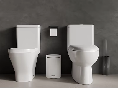 White Toilets With Small Trash Bin And Toilet Brush Holder On Gray Background Wall 3d model