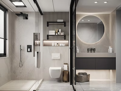 Modern Bathroom Interior Design With Shower Area Toilet Vanity And Round Mirror 3d model