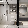 Modern Bathroom Interior Design With Shower Area Toilet Vanity And Round Mirror