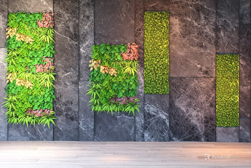 Living Wall With Various Green Plant Sections On Marble Wall Interior Design 3d model 