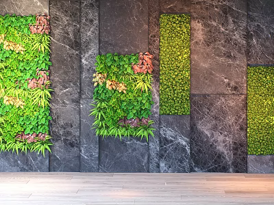Living Wall With Various Green Plant Sections On Marble Wall Interior Design 3d model