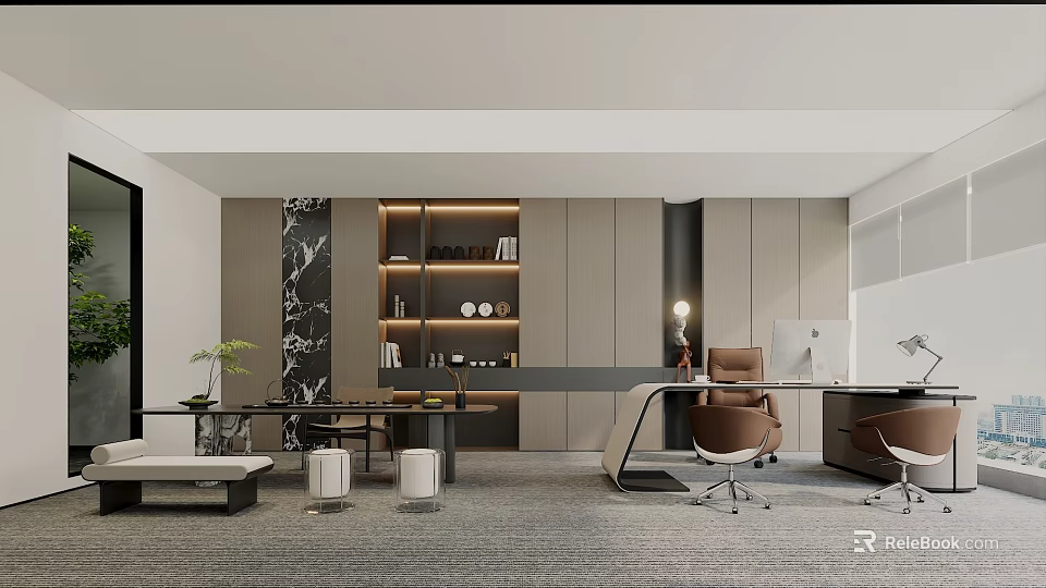 Modern Luxurious Executive Office Interior Design With Custom Illuminated Storage Cabinets And Comfortable Seating 3d model 