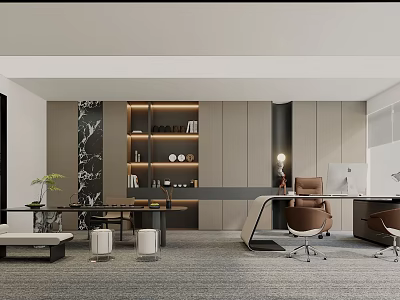 Modern Luxurious Executive Office Interior Design With Custom Illuminated Storage Cabinets And Comfortable Seating 3d model