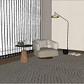 Modern Beige Armchair In Living Room With Wooden Side Table Floor Lamp And Natural Light