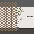 Wooden Partition With Grid Design In Light Colored Interior With Small Tree 3d model