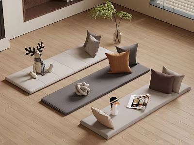 Modern Window Seat Interior Design With Cushions Pillows Decorative Items Plant And Magazine On Wooden Floor 3d model