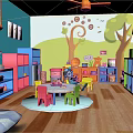 Kids Colorful Playroom With Furniture Toys Storage Shelves And Wall Decorations