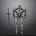 Silver Armored Robot Design Standing With Long Sword And Mechanical Parts
