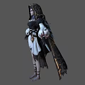Woman With Dark Blue Hair In Hooded Black Cloak White Dress Puffy Sleeves Gothic Style