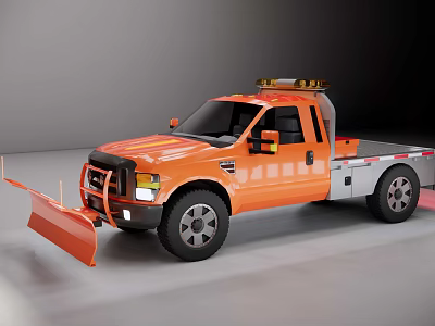 Orange Utility Truck With Snow Plow Warning Lights And Tow Flatbed Features 3d model