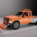 Orange Utility Truck With Snow Plow Warning Lights And Tow Flatbed Features