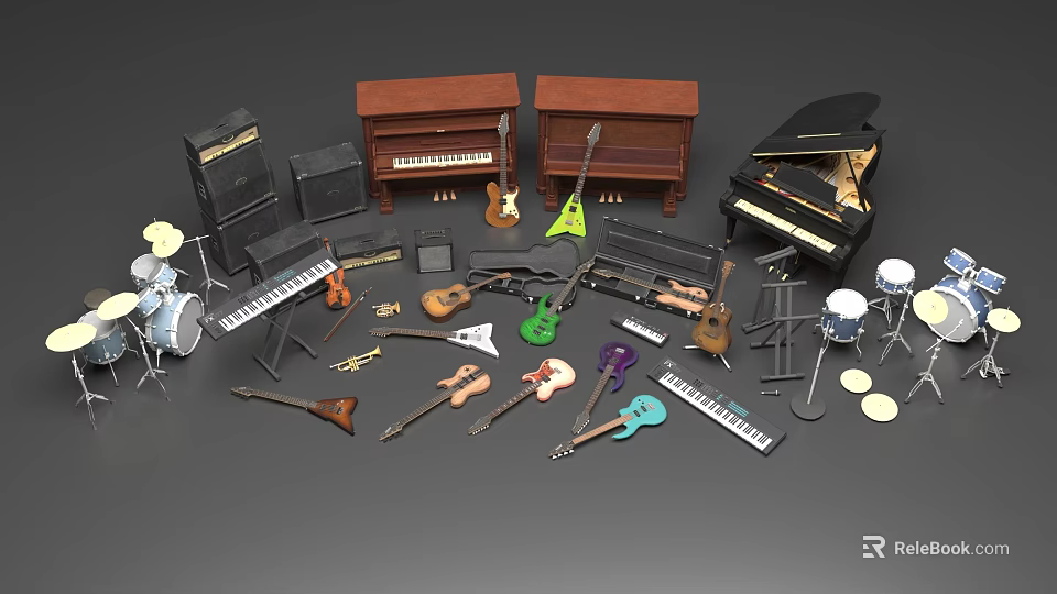 Various Musical Instruments Collection Including Pianos Guitars Drum Sets And Electronic Keyboards 3d model 