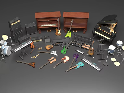 Various Musical Instruments Collection Including Pianos Guitars Drum Sets And Electronic Keyboards 3d model