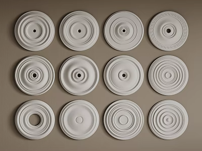White Ceiling Medallions With Various Decorative Patterns Displayed On Brown Background 3d model