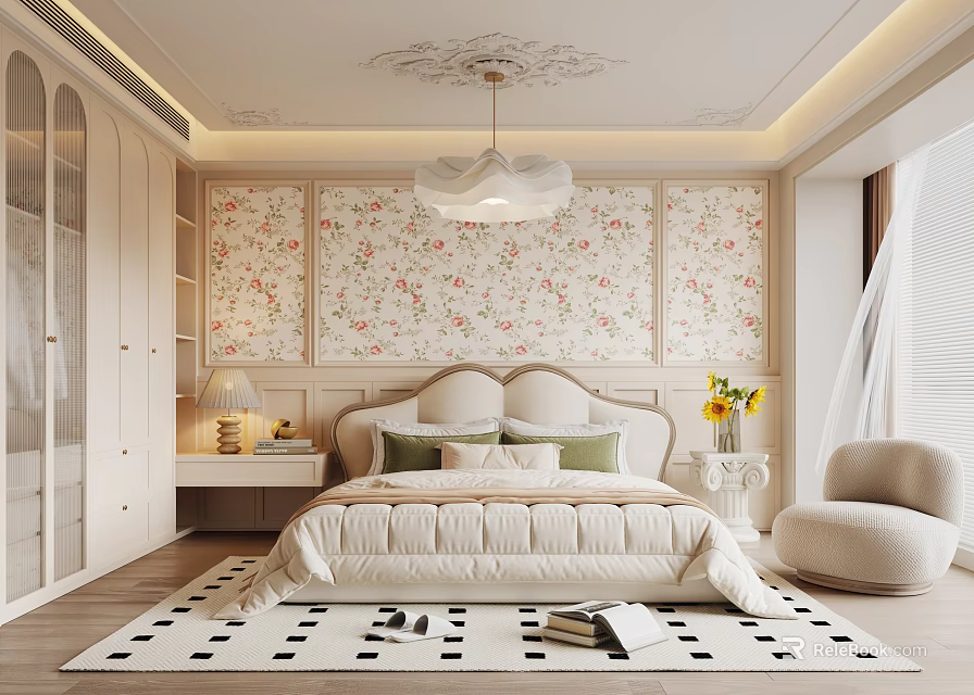 Elegant Bedroom With Floral Wallpaper White Pendant Light Beige Bed And Green Cushions 3d model 