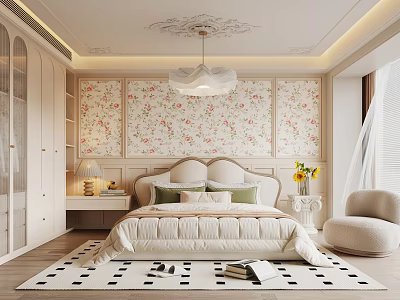 Elegant Bedroom With Floral Wallpaper White Pendant Light Beige Bed And Green Cushions 3d model