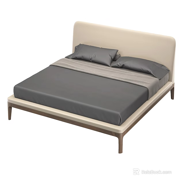 Modern Double Bed with Beige Headboard Gray Mattress Wooden Frame and Pillows 3d model 