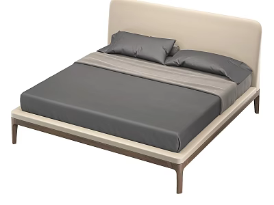 Modern Double Bed with Beige Headboard Gray Mattress Wooden Frame and Pillows 3d model