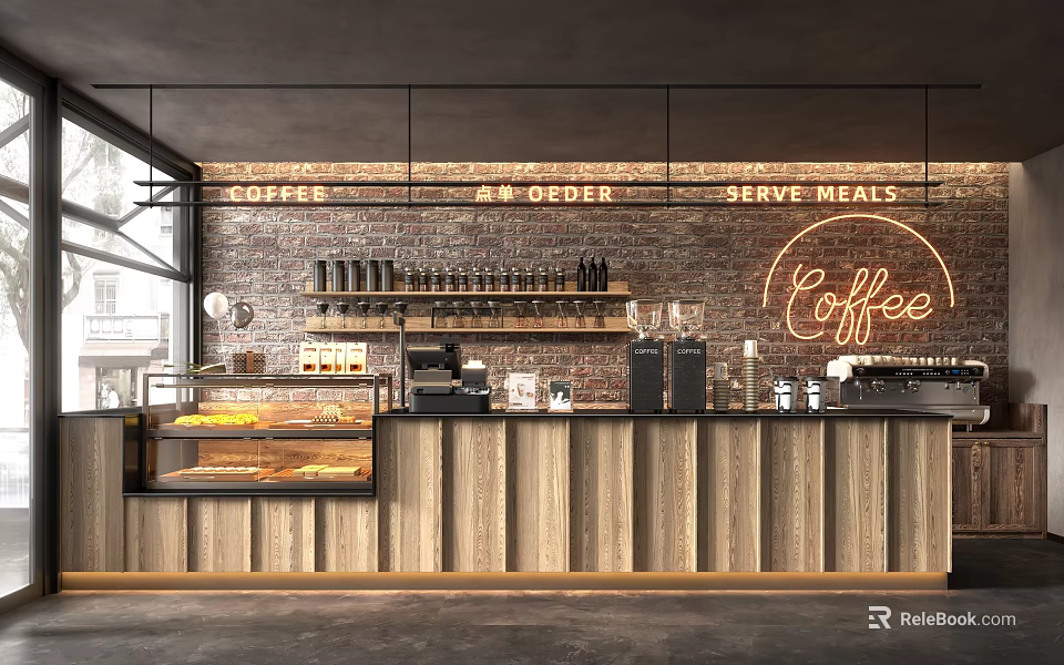 Coffee Shop Interior Featuring Neon Signs Brick Wall Wooden Counter Coffee Machines And Pastries 3d model 