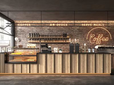 Coffee Shop Interior Featuring Neon Signs Brick Wall Wooden Counter Coffee Machines And Pastries 3d model