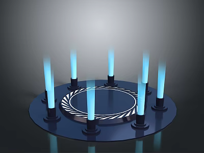 Modern Circular Decorative Device With Blue Glowing Pillars And White Patterned Ring 3d model