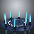 Modern Circular Decorative Device With Blue Glowing Pillars And White Patterned Ring