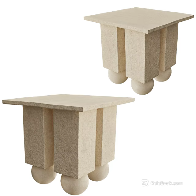 Beige Textured Bedside Table With Square Top Vertical Column Legs And Round Support Feet 3d model