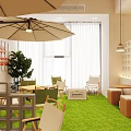 Cozy Bubble Tea Shop Interior With Green Carpet Tables Chairs Hanging Lights And Potted Plants