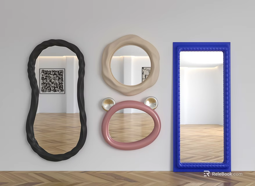Various Colored Shaped Mirrors on White Wall with Herringbone Wooden Floor Indoor Reflection 3d model 