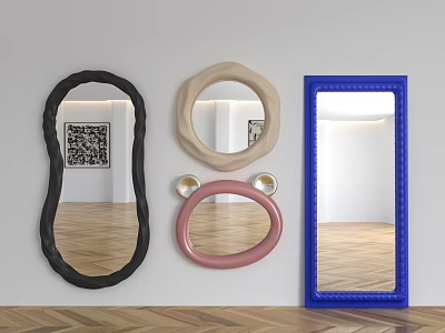 Various Colored Shaped Mirrors on White Wall with Herringbone Wooden Floor Indoor Reflection 3d model
