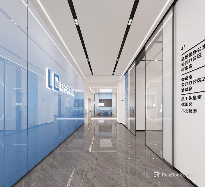 Modern Office Elevator Hallway With Glass Walls Blue Panels Ceiling Light Strips And Marble Flooring 3d model 