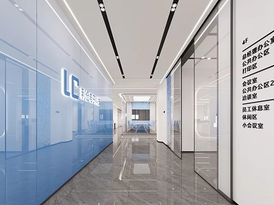 Modern Office Elevator Hallway With Glass Walls Blue Panels Ceiling Light Strips And Marble Flooring 3d model
