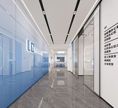 Modern Office Elevator Hallway With Glass Walls Blue Panels Ceiling Light Strips And Marble Flooring 3d model