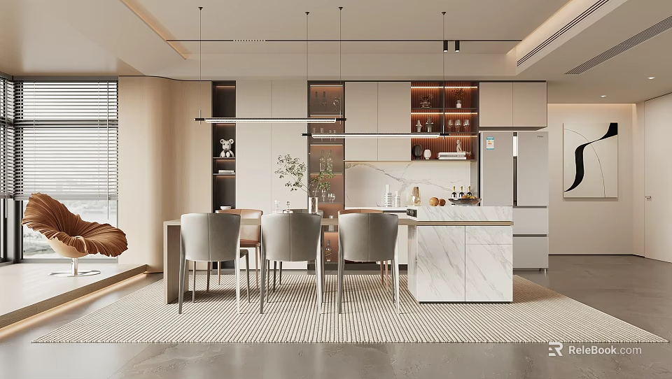 Modern Dining Room Interior With Dining Table Gray Chairs Open Kitchen Marble Counter Hanging Lights 3d model 