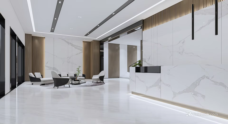 Modern Reception Desk With Marble Countertop In Elegant Lobby Area Contemporary Seating And Lighting 3d model 